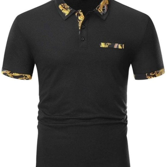 Black Casual Men's Floral Print Polo Shirt - Picture 6 of 6